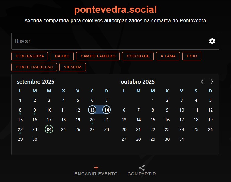 Captura de pontevedra.social. O subtítulo é 'Axenda compartida para coletivos autoorganizados na comarca de Pontevedra'. Vense os meses de setembro e outubro, e enriba un cadro de busca e varios filtros por concello.